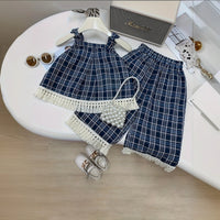 Girls Blue Checked A-line Top & Pants With Fringe Trim Hem Co-ord Sets Sets