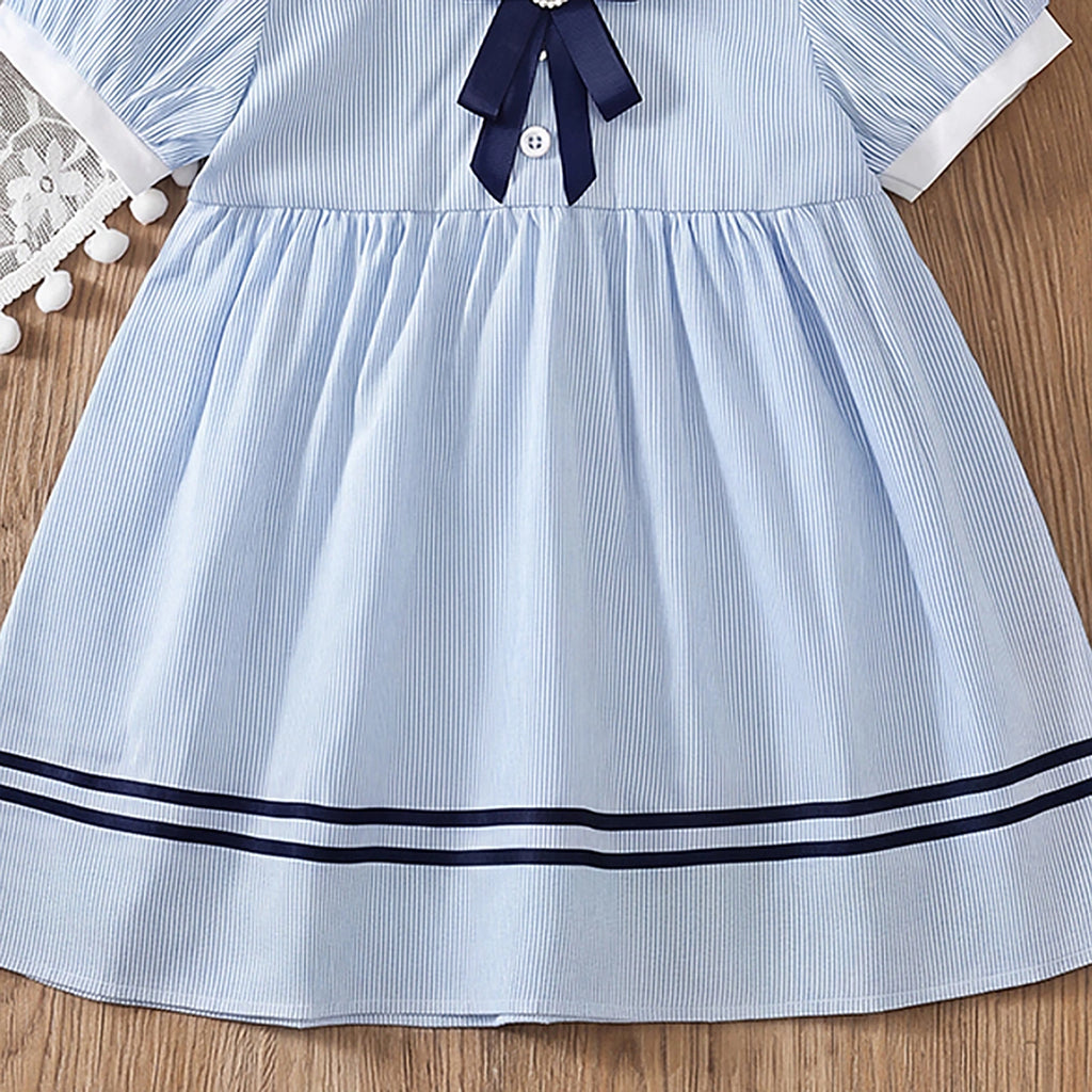 Girls Light Blue Striped Puff Sleeve Fit & Flare Dress Casual Dresses
