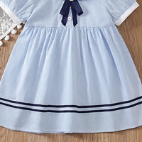 Girls Light Blue Striped Puff Sleeve Fit & Flare Dress Casual Dresses