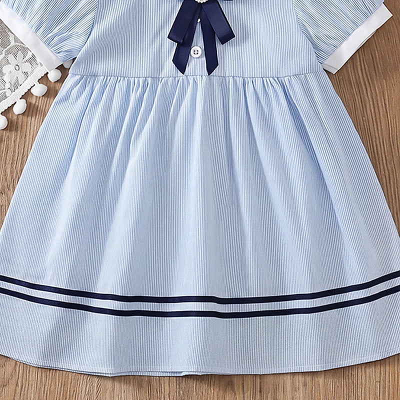 Girls Light Blue Striped Puff Sleeve Fit & Flare Dress Casual Dresses