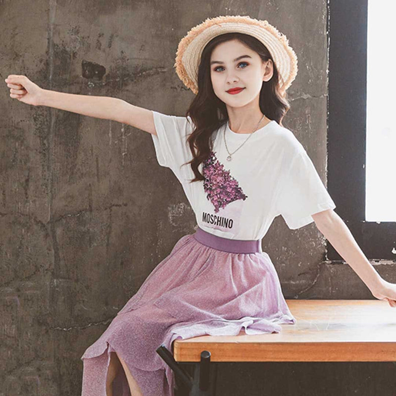 Girls Short Sleeve Graphic Print T-Shirt With Long Skirt Set 2 pc. Sets   