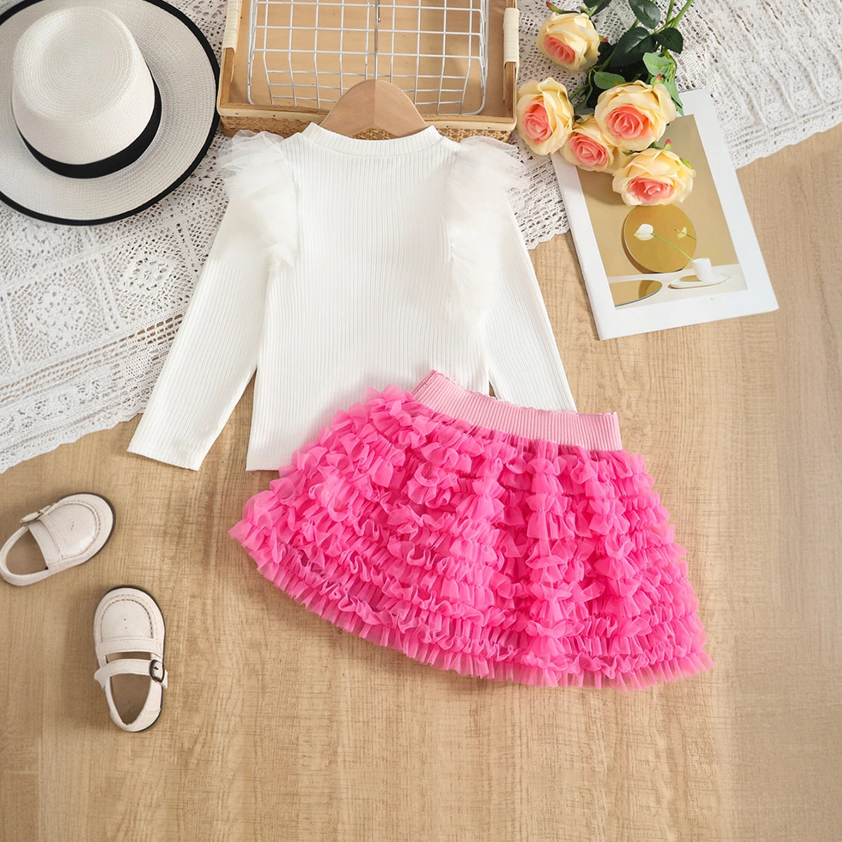 Girls Long Sleeves Top With Pink Tulle Ruffled Skirts Set Sets