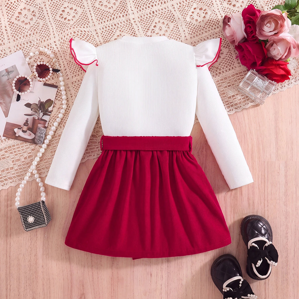 Girls White Textured Long Sleeve Top With Skirt Sets 2 pc. Sets