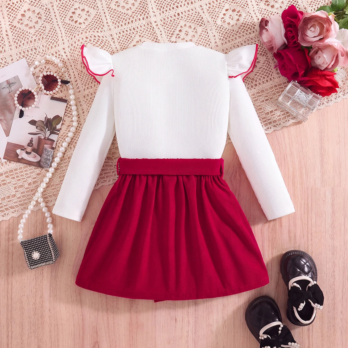 Girls White Textured Long Sleeve Top With Skirt Sets 2 pc. Sets