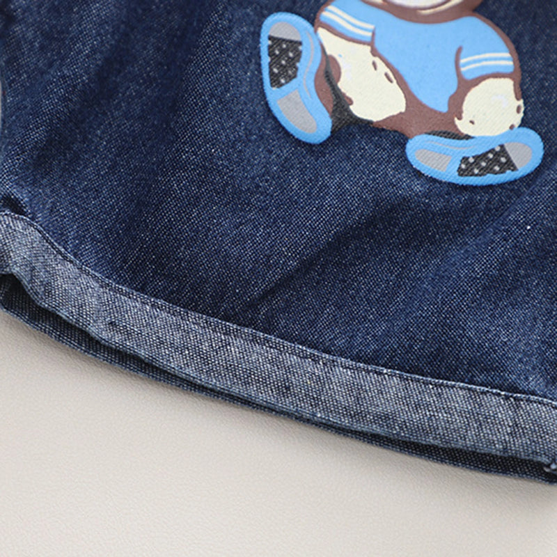 Boys Light Blue Bear Printed Polo Polo T-Shirt With Denim Shorts Sets 2 pc. Sets