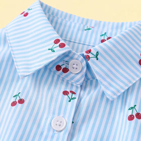 Girls Light Blue Cherry Print Puff Sleeve Fit & Flare Dress Casual Dresses