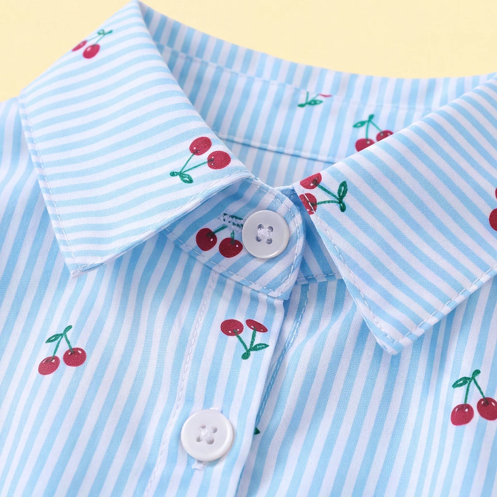 Girls Light Blue Cherry Print Puff Sleeve Fit & Flare Dress Casual Dresses