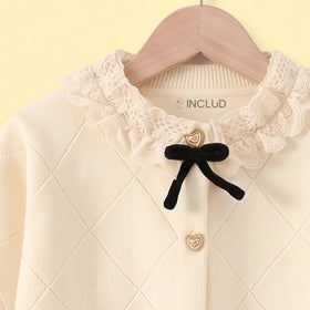 Girls Cream Self Design Long Sleeve Cardigan Sweaters & Cardigans
