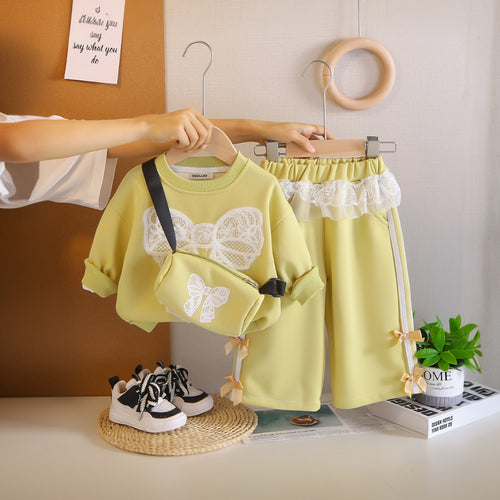 Girls Yellow Bow Applique Sweatshirt With Sling Bag and Pants Set Sets Yellow 1-2 Y