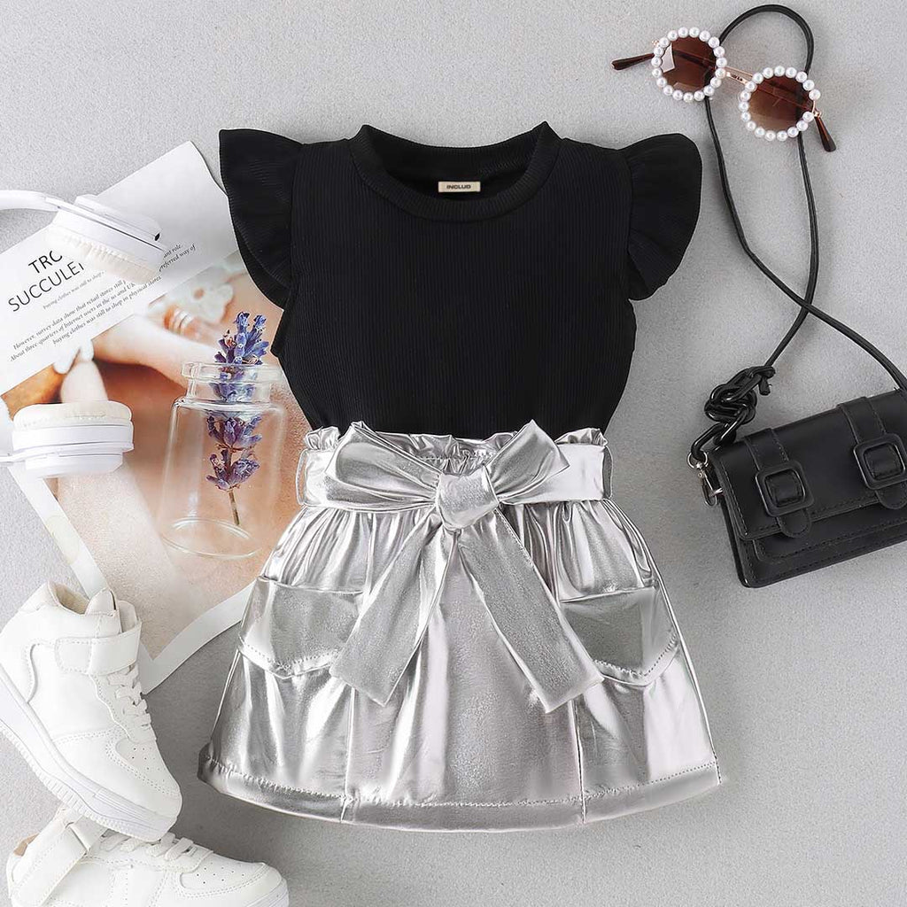 Girls Flared Sleeve Top With Silver Skirt & Belt Set