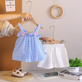 Girls Blue Stripes Flower Appliqued Sleeveless Top With Shorts sets