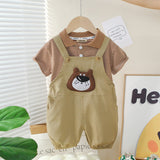 Boys Brown Striped Polo T-Shirts With Dungaree Set