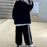 Girls Black Typographic Printed Sweatshirt With Wide Leg Pant Sets Sets
