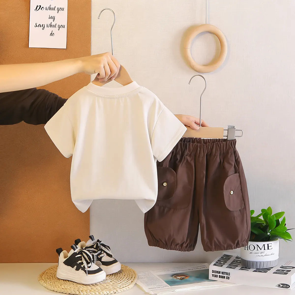 Boys Dark Brown Typographic Printed T-Shirt With Shorts Set Sets