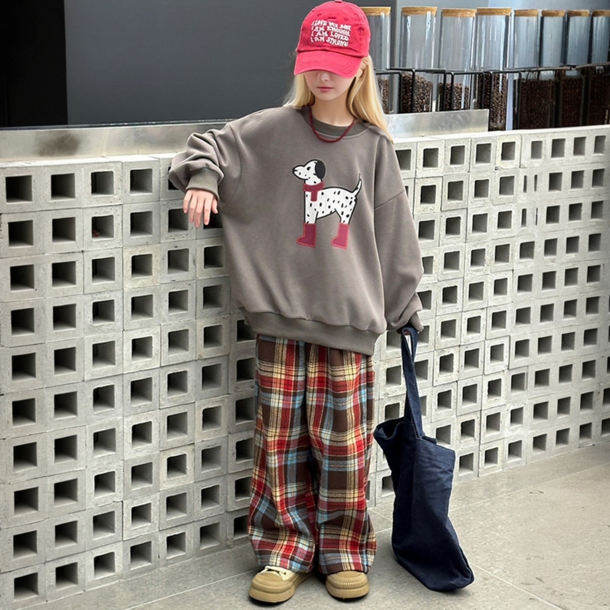 Girls Brown Cartoon Graphic Winter Sweatshirt With Checked Pant Set 2 pc. Sets