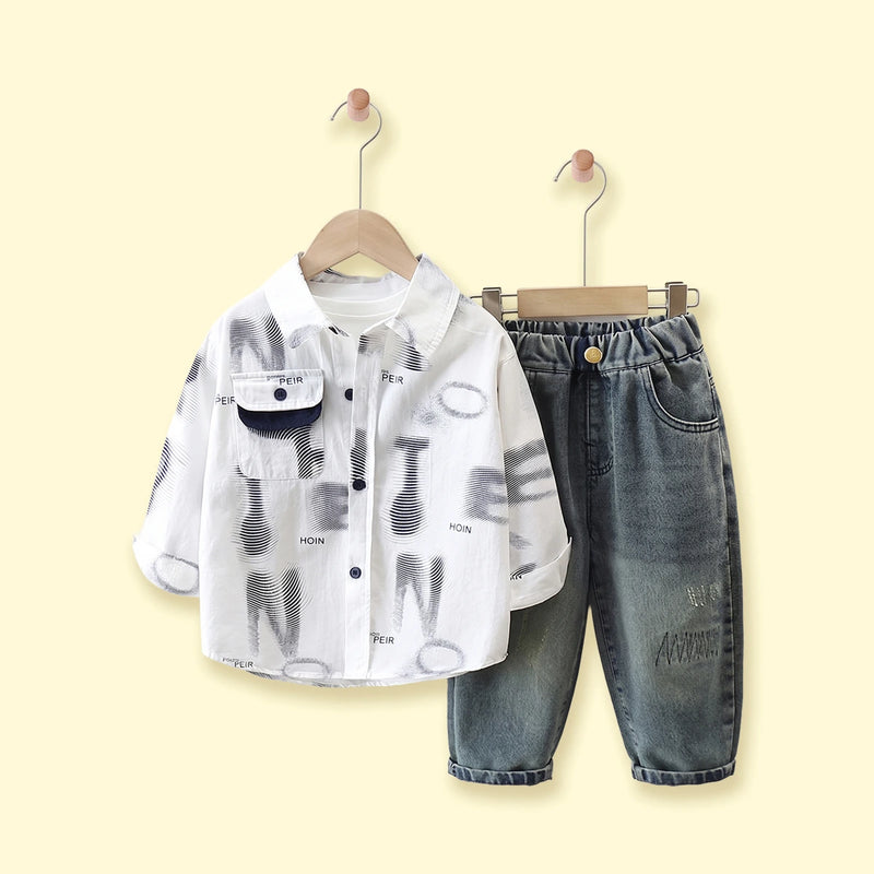 Boys White Typographic Shirt With Denim Pants Sets 2 pc. Sets White 1-2 Y