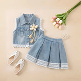 Girls Blue Flower Applique Sleeveless Denim Vest With Pleated Denim Skirt Sets