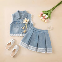 Girls Blue Flower Applique Sleeveless Denim Vest With Pleated Denim Skirt Sets 2 pc. Sets Light Blue 2-3 Y