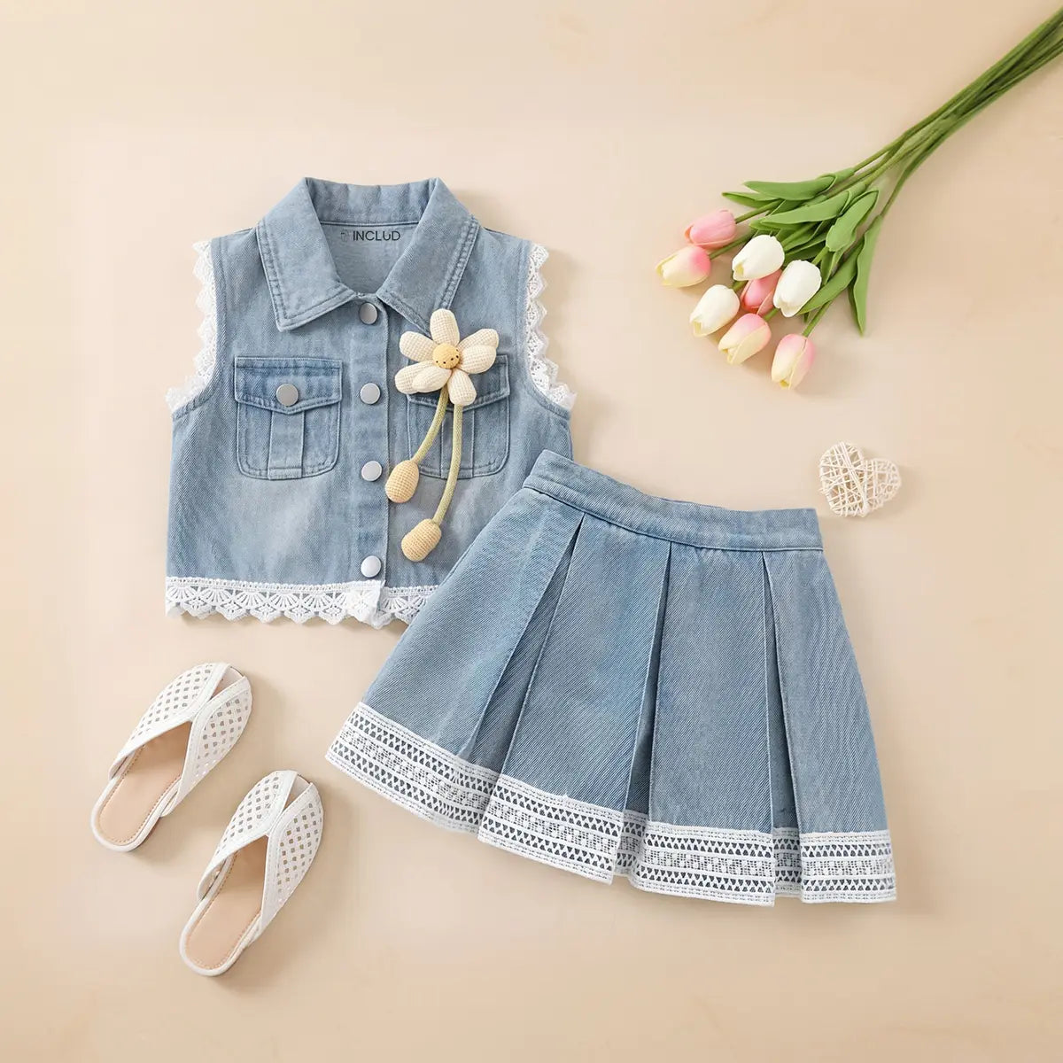 Girls Blue Flower Applique Sleeveless Denim Vest With Pleated Denim Skirt Sets 2 pc. Sets Light Blue 2-3 Y