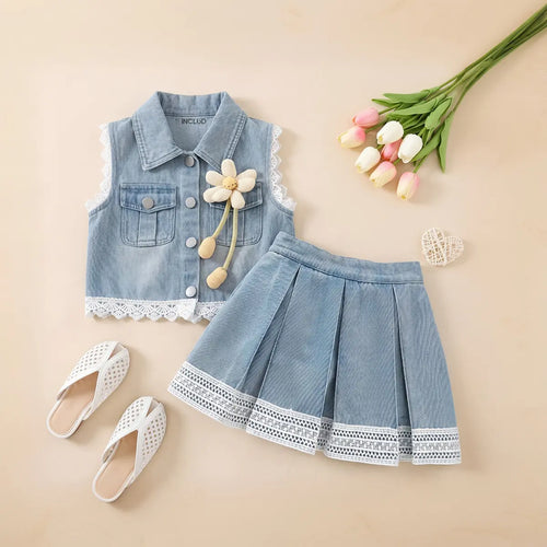 Girls Blue Flower Applique Sleeveless Denim Vest With Pleated Denim Skirt Sets 2 pc. Sets Light Blue 2-3 Y