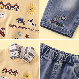 Boys Yellow Jacquard Sweater vest With Shirt And Denim Pants Sets 3 pc. Sets