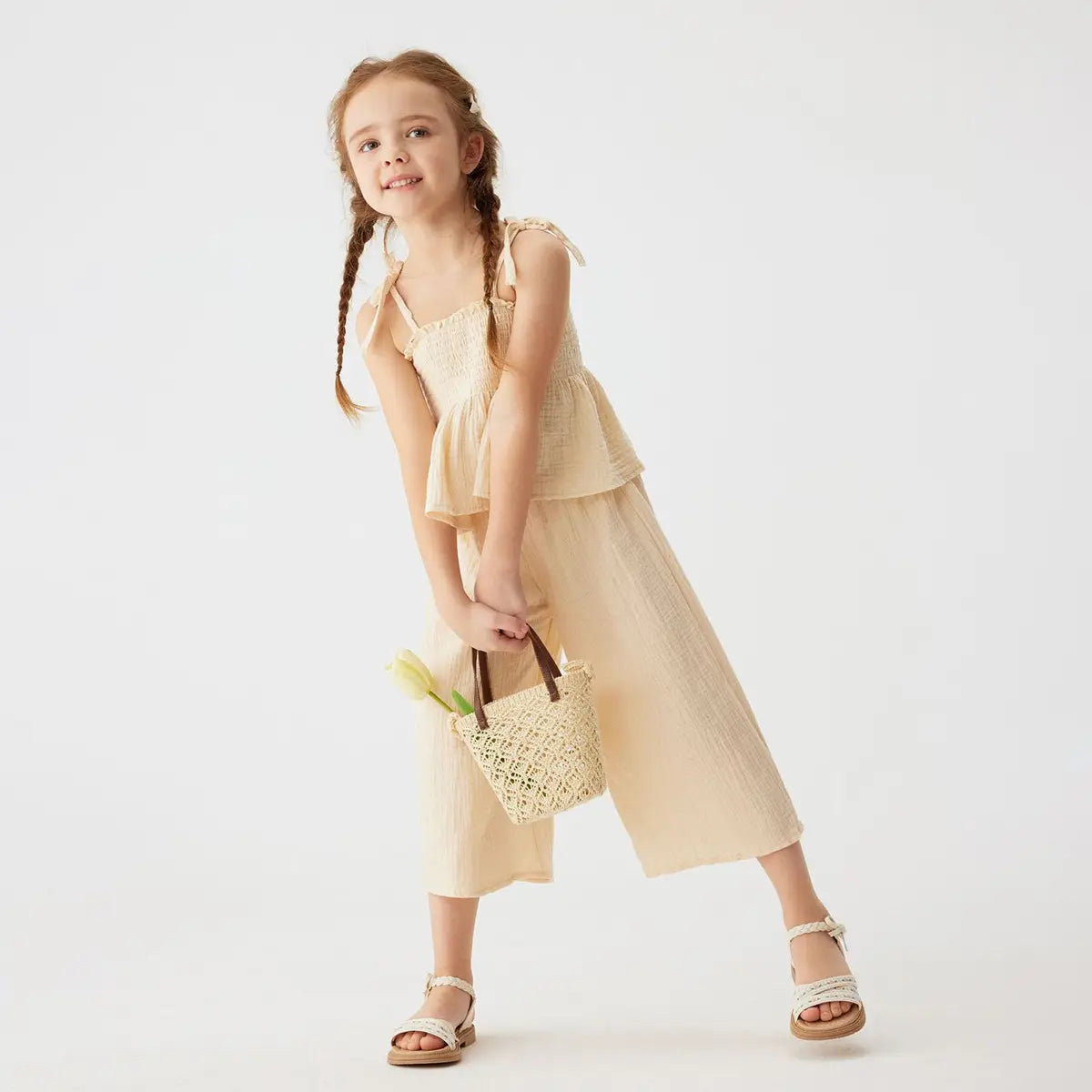 Girls Beige Sleeveless Smocked Peplum Top With Cropped Pants Co-ord Sets Sets Beige 1-2 Y
