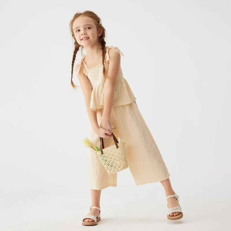 Girls Beige Sleeveless Smocked Peplum Top With Cropped Pants Co-ord Sets Sets Beige 1-2 Y