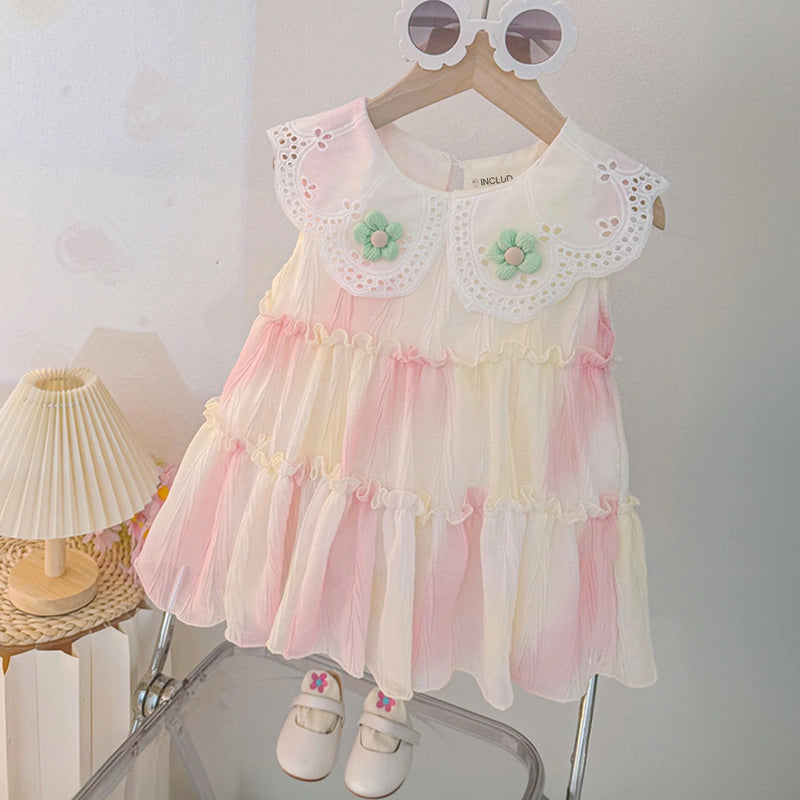 Girls Pink Tie-Dye Schiffli Dress with Peter Pan Collar Casual Dresses Pink 1-2 Y