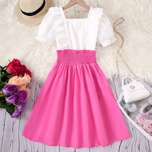 Girls Pink Short Sleeve Square Neck Fit & Flare Dress Casual Dresses Pink 8-9 Y