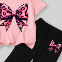 Girls Pink Leopard Print Bow T-Shirt With Flared Hem Pants Sets Sets