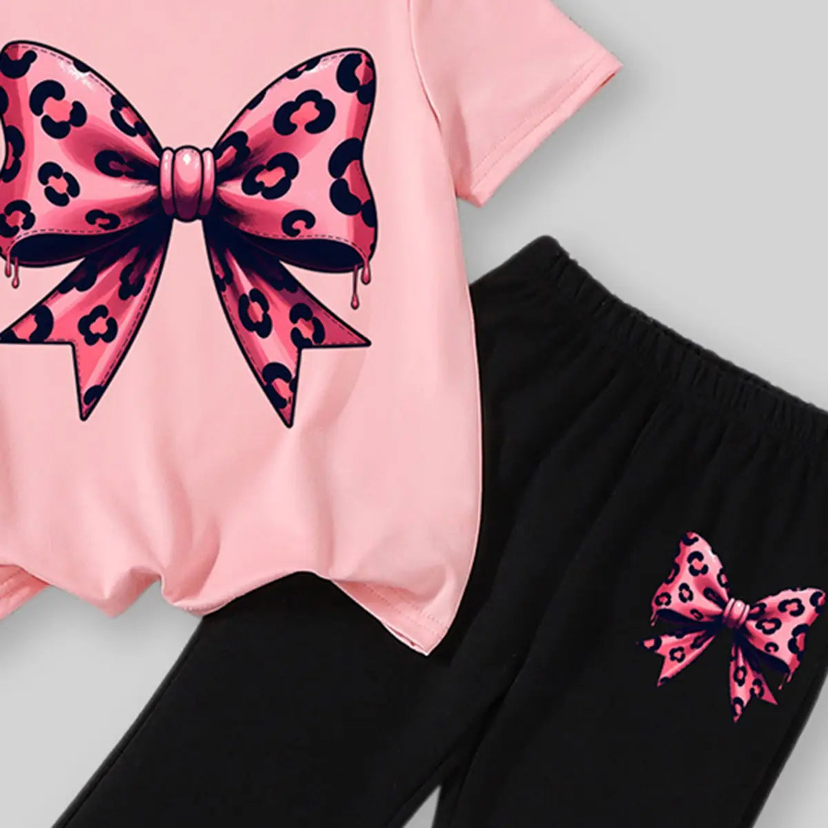 Girls Pink Leopard Print Bow T-Shirt With Flared Hem Pants Sets Sets