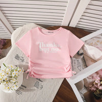 Girls Pink Typographic Print Ruched Top With Denim Pant Sets Sets