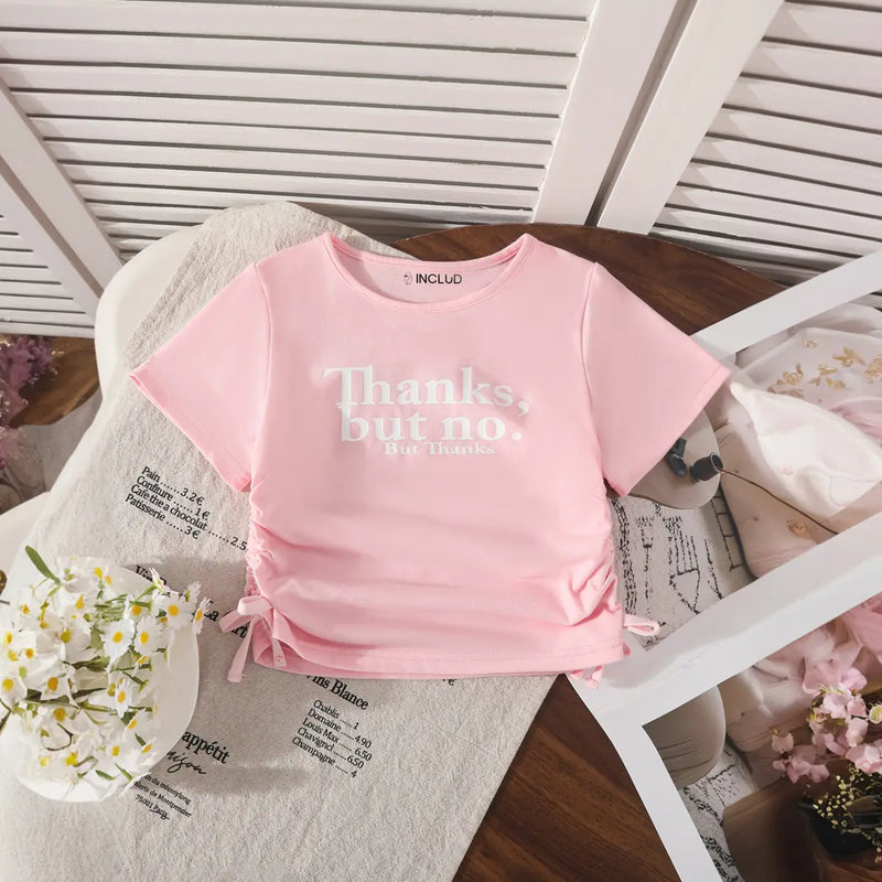 Girls Pink Typographic Print Ruched Top With Denim Pant Sets Sets