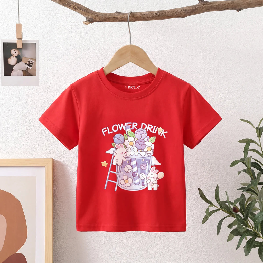 Girls Red Short Sleeve Floral Print T-Shirt Tshirts Red 1-2 Y