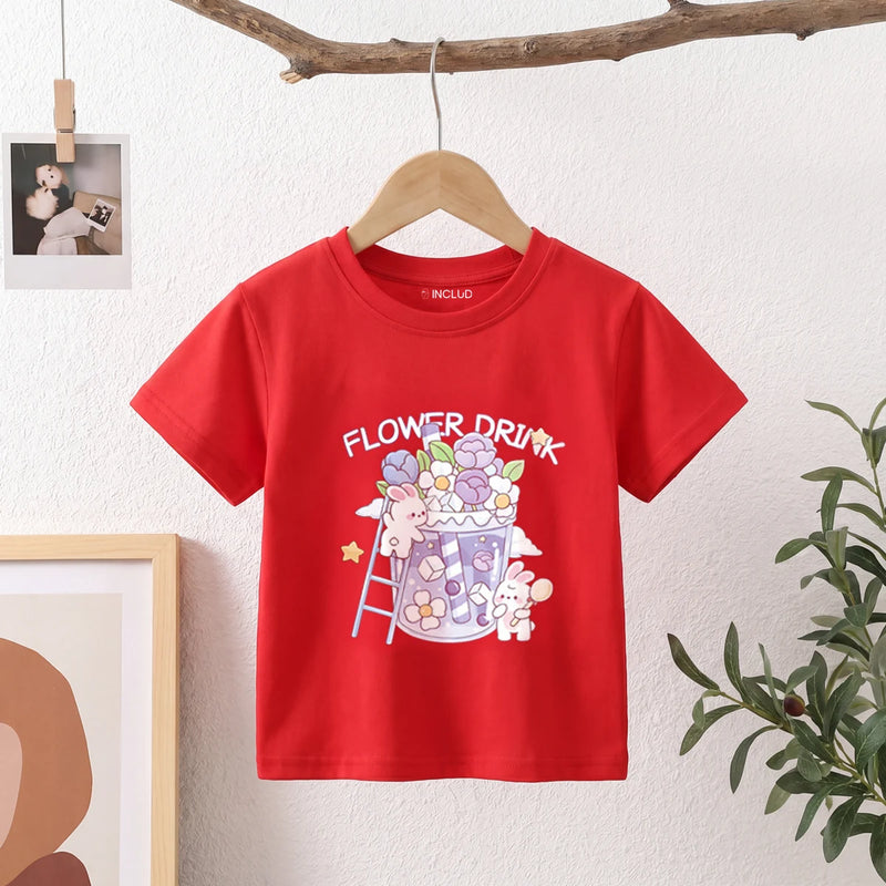 Girls Red Short Sleeve Floral Print T-Shirt Tshirts Red 1-2 Y
