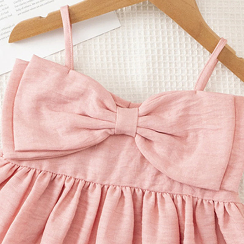 Girls Pink Textured Sleeveless Fit & Flare Dress With Bow Detail Casual Dresses
