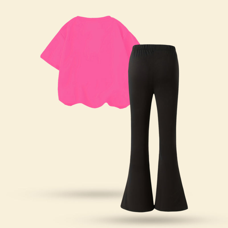Girls Fuchsia Cartoon Graphic Short Sleeve Top With Bell Bottom Pants Set 2 pc. Sets
