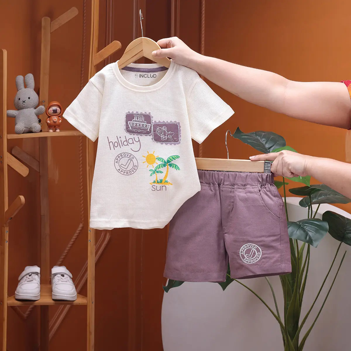 Boys Mauve Graphic Printed Short Sleeve T-Shirt With Elasticated Shorts Sets 2 pc. Sets Mauve 9-12 M