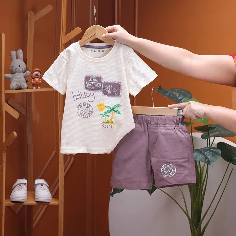 Boys Mauve Graphic Printed Short Sleeve T-Shirt With Elasticated Shorts Sets 2 pc. Sets Mauve 9-12 M