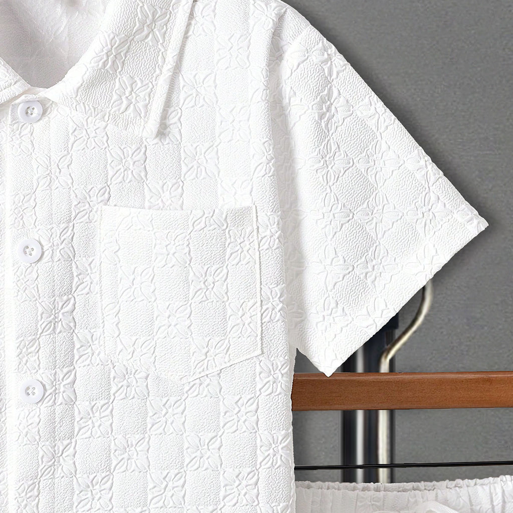 Boys White Self Designed Shirt With Shorts Set 2 pc. Sets