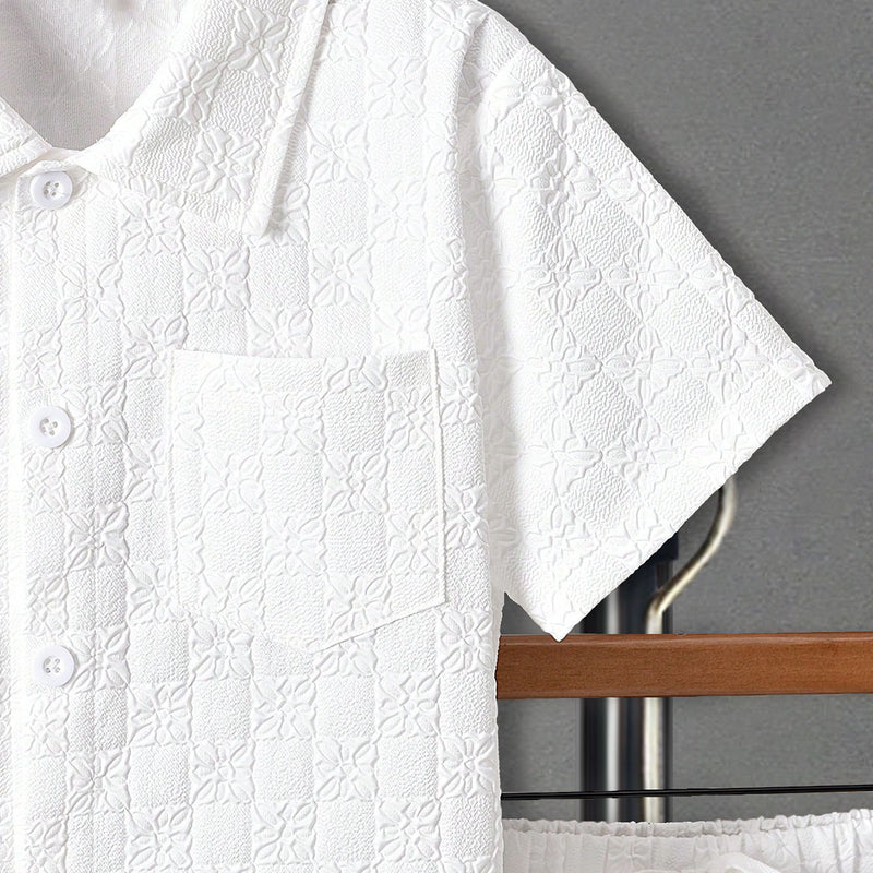 Boys White Self Designed Shirt With Shorts Set 2 pc. Sets