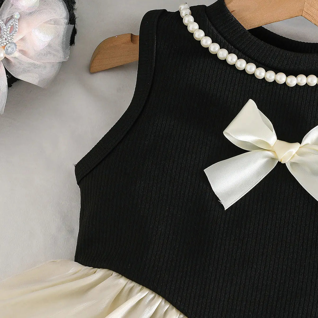 Girls Black Sleeveless Bow Applique Frill Top With Ribbed Pants Sets 2 pc. Sets