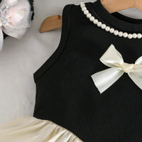 Girls Black Sleeveless Bow Applique Frill Top With Ribbed Pants Sets 2 pc. Sets