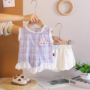 Girls Purple Checked Sleeveless Top With Shorts Sets Sets Purple 1-2 Y