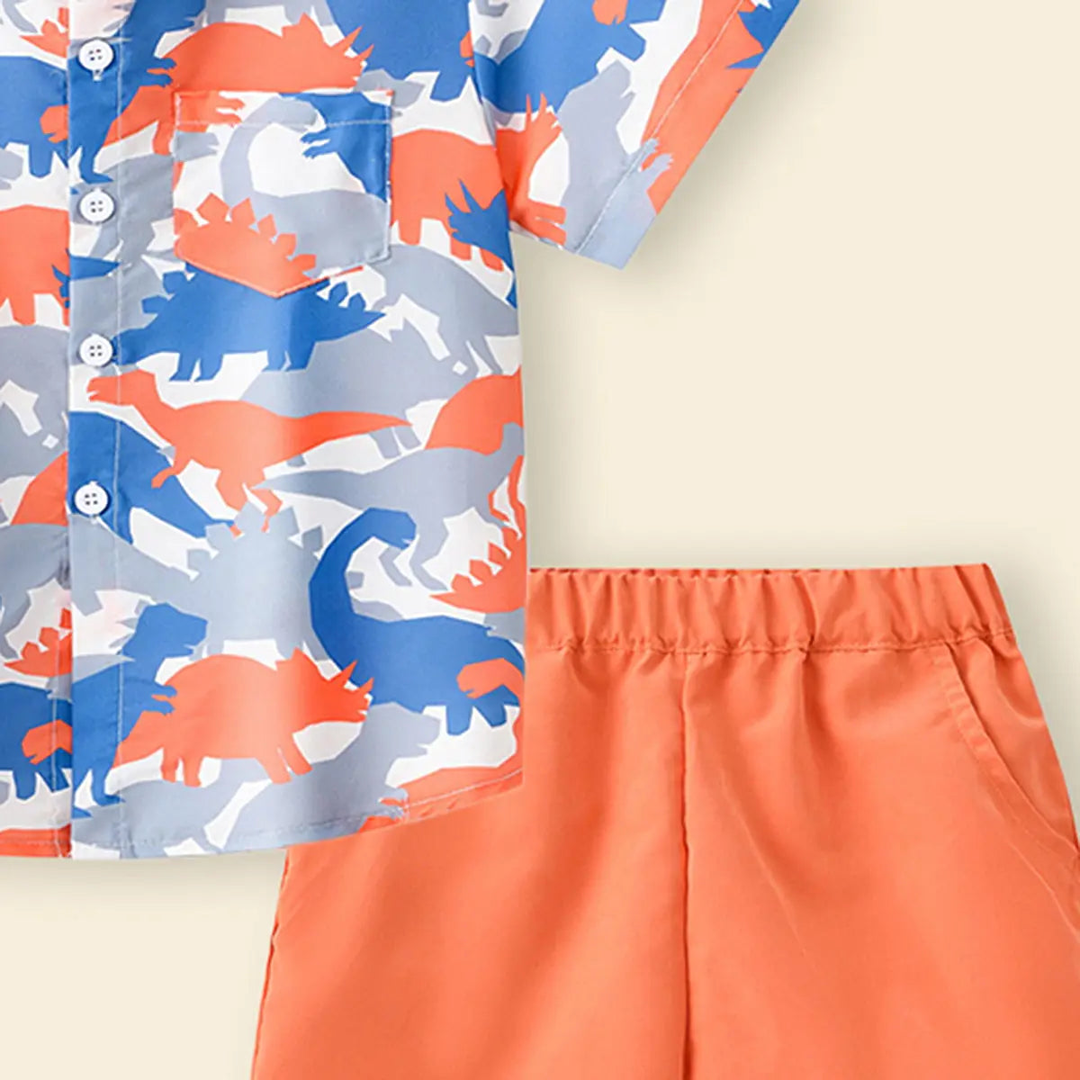 Boys Orange Dinosaur Print Short Sleeves Button-Down Shirt With Shorts Set Sets