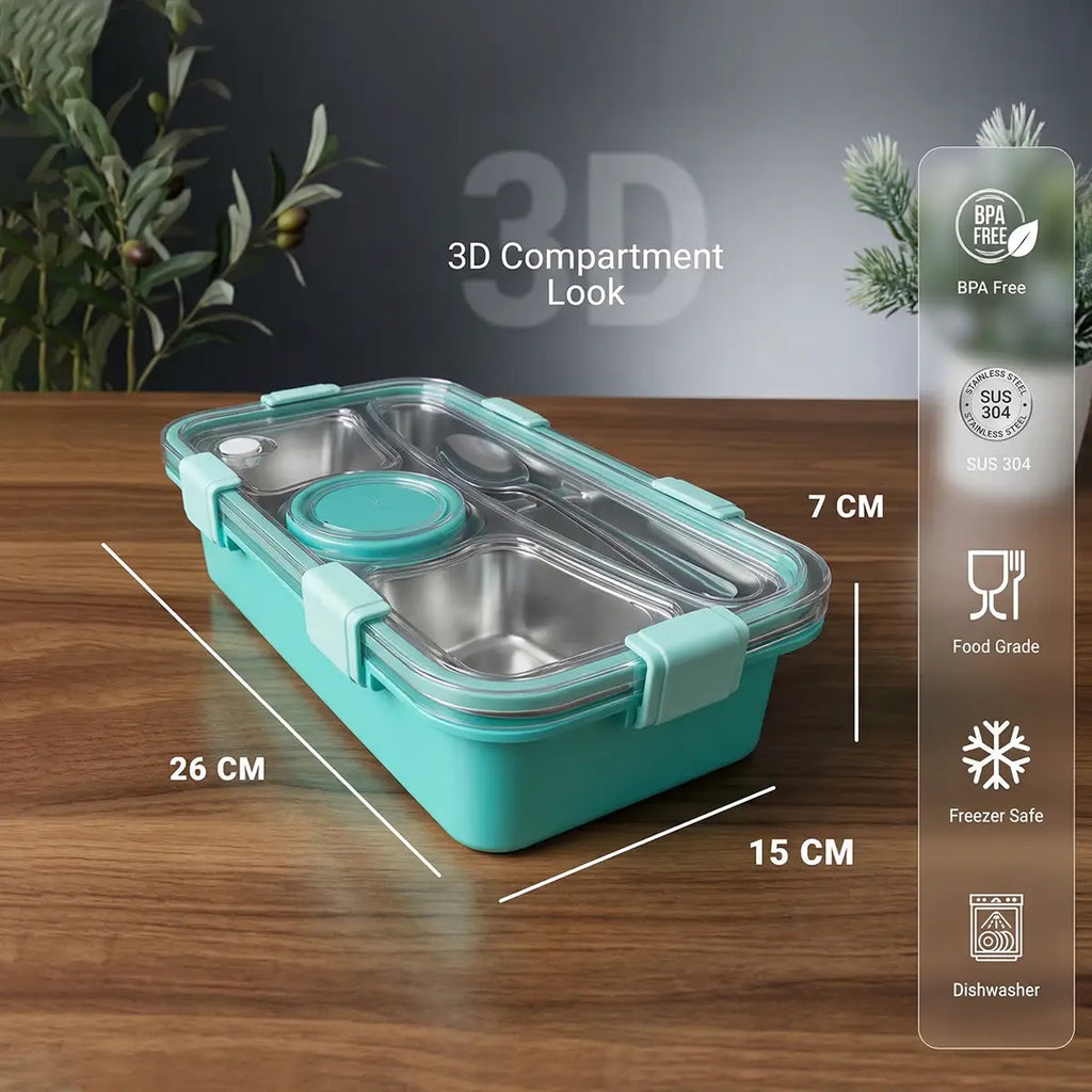 Kids Green 4-Compartment Airtight Stainless Steel Lunch Box Trending Accessories