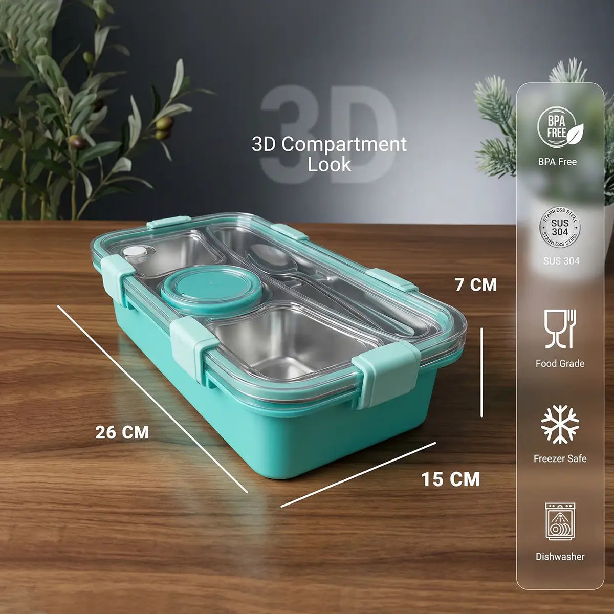 Kids Green 4-Compartment Airtight Stainless Steel Lunch Box Trending Accessories