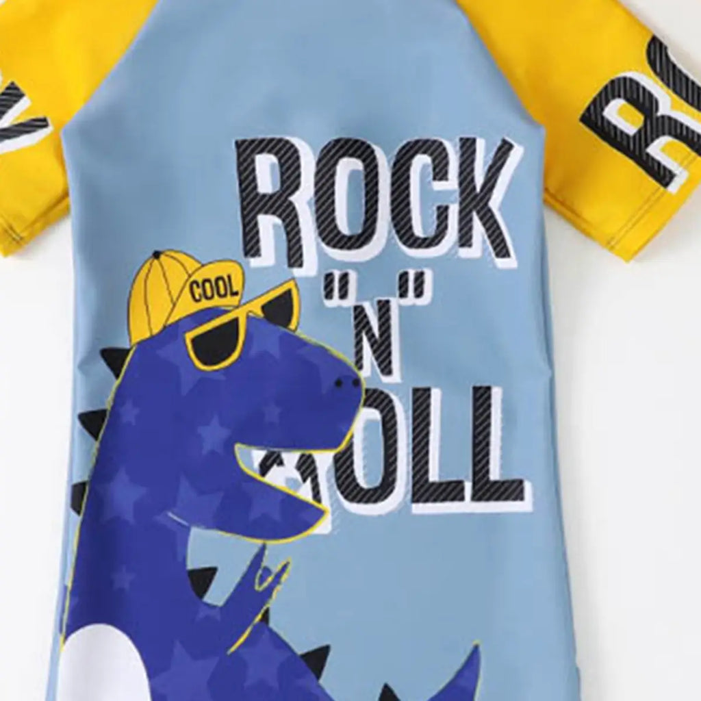 Boys Grey Dinosaur Print Swimwear Bodysuit With Swim cap Beachwear