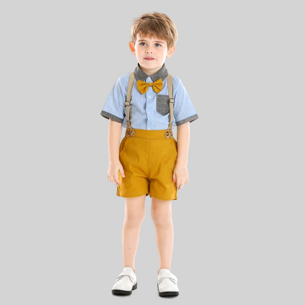 Boys Chambray Shirt with Suspender Shorts Formal Set