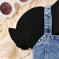 Girls Black Puff Sleeve Layered Dress With Denim Jacket Casual Dresses